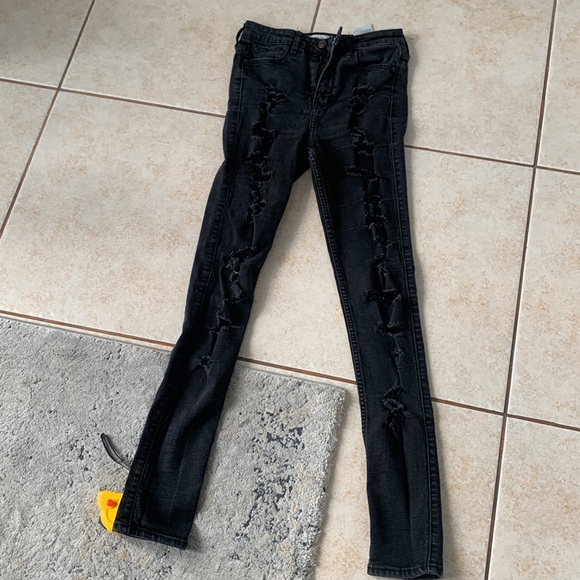 Abercrombie & Fitch black high waisted rise denim jeans size 2 26 distressed - Picture 5 of 7